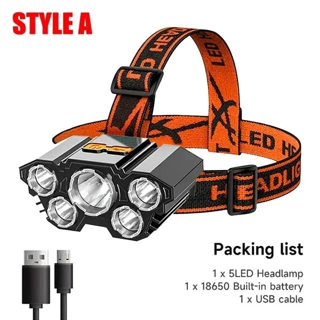 USB 5-LED Rechargeable Headlamp including rechargeable battery support - Rechargeable Headlamp by Tech Nova Hub