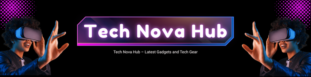 Hero Banner featuring woman wearing VR glasses, the Tech Nova Hub logo, a subheading and purple colors.